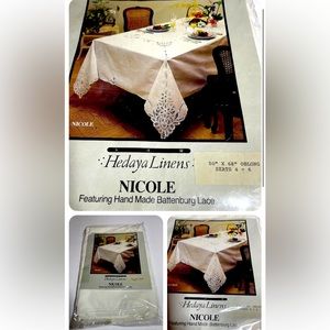 Vintage New Tablecloth Handmade Battenberg Lace Hedaya Embroidered Linen 50x68